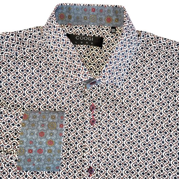 Coogi Luxe Cotton Geometric Print Button Up Flip Cuff Shirt Men 2XL White Multi - Picture 1 of 13